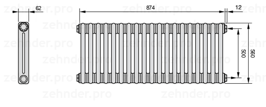 Схема (чертеж) Радиатор Zehnder Charleston 2056/19 №7610 Белый глянцевый RAL 9016